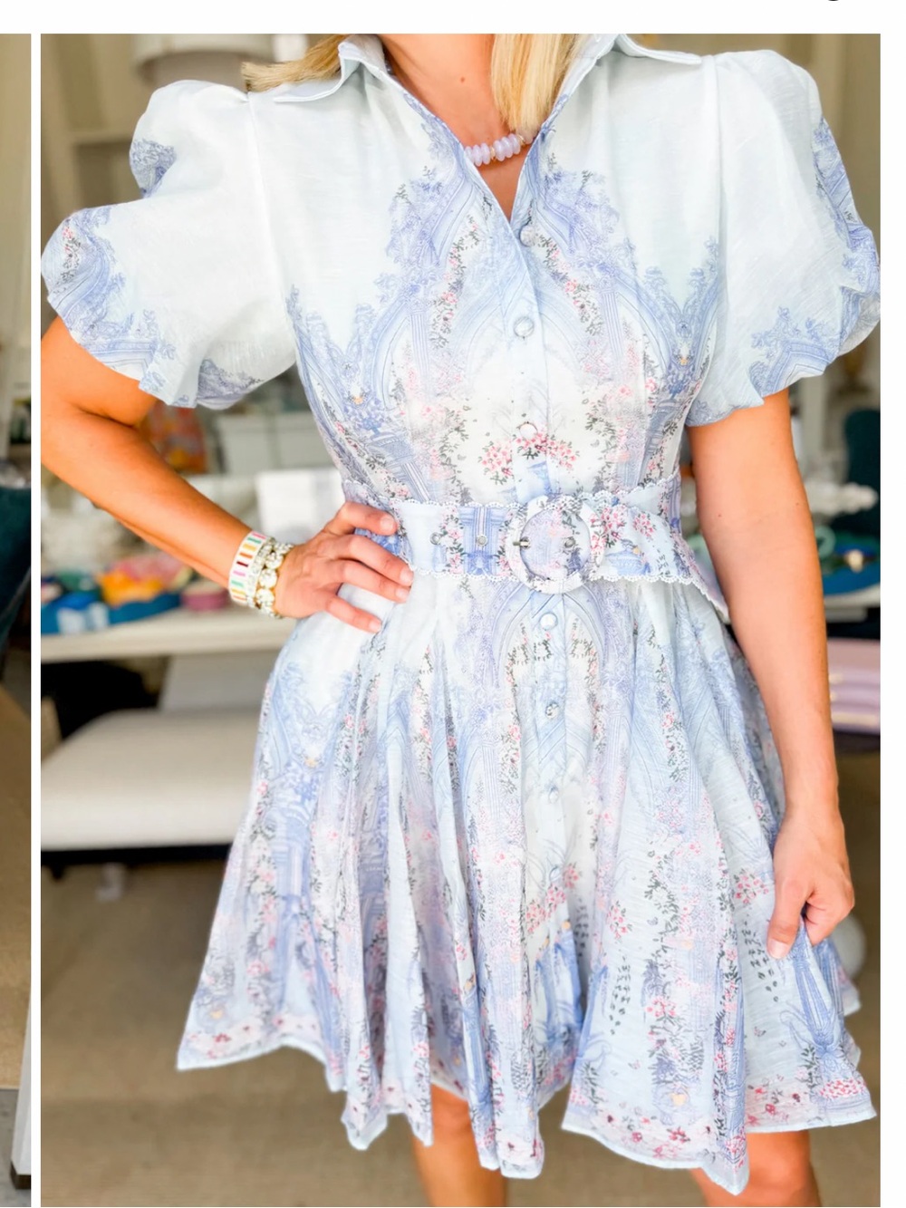 Pastel Blue Floral Puff-Sleeve Belted Mini Dress